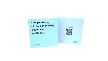 Quote card with QR code that carries personalized and unique online message for gift